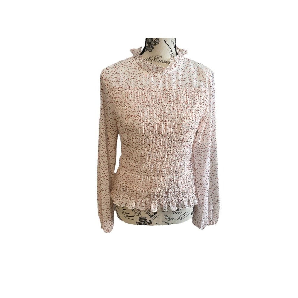 Fab’rik long sleeve smocked chiffon Blouse  ivory animal print lined Medium